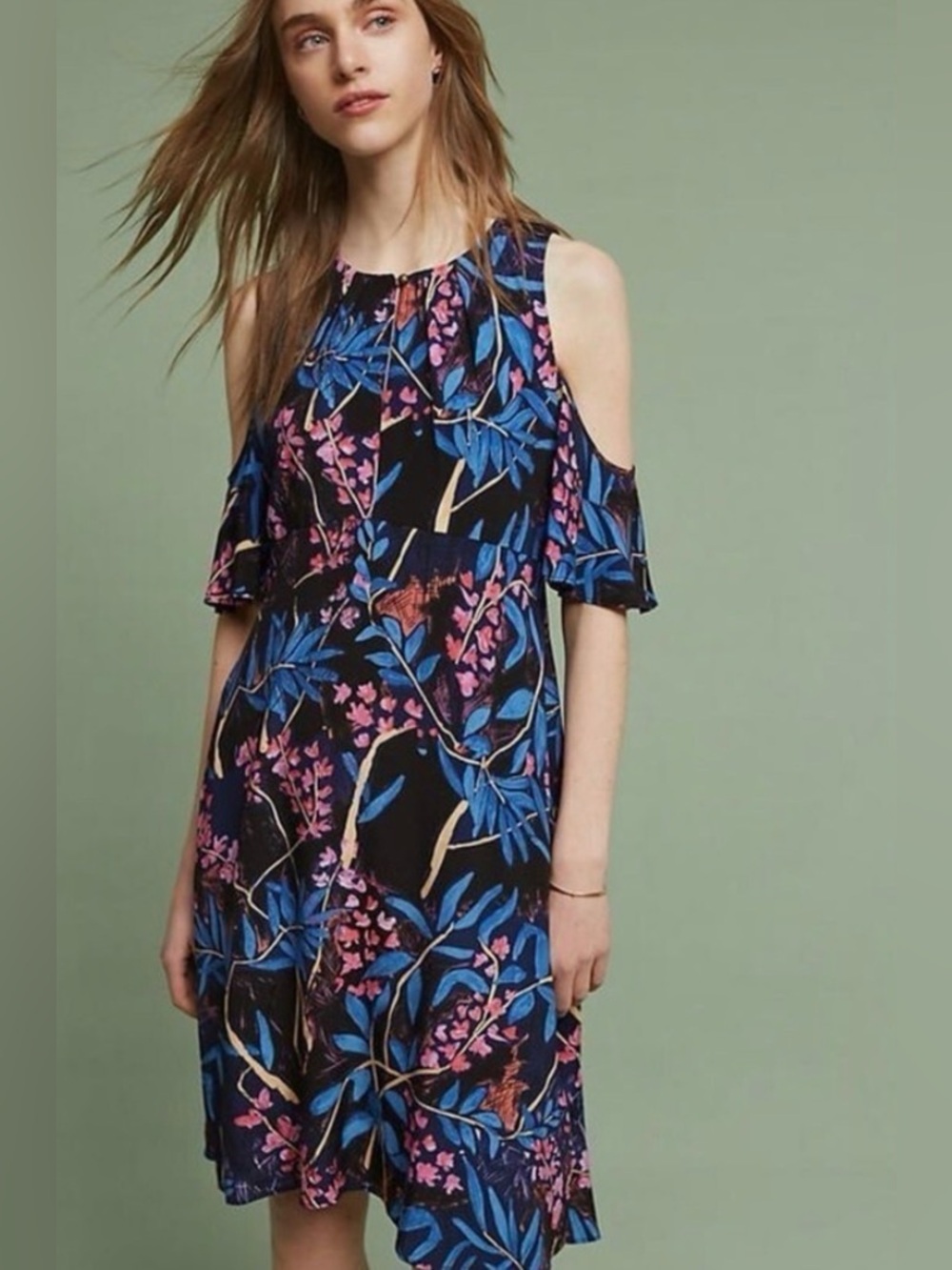 Anthropologie Maeve Elia Cold Shoulder Midi Dress 14 tropical botanical floral - Picture 2 of 13